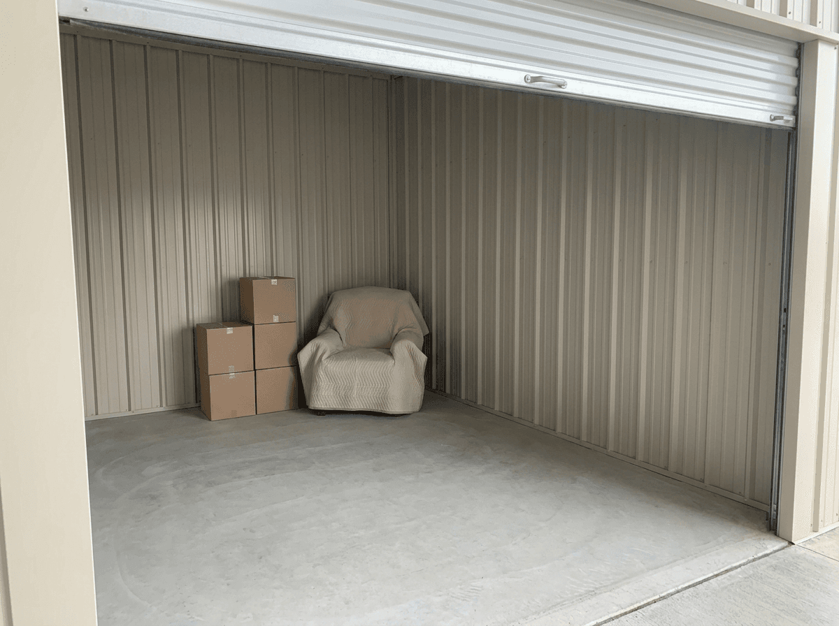 Medium storage unit with boxes for scale